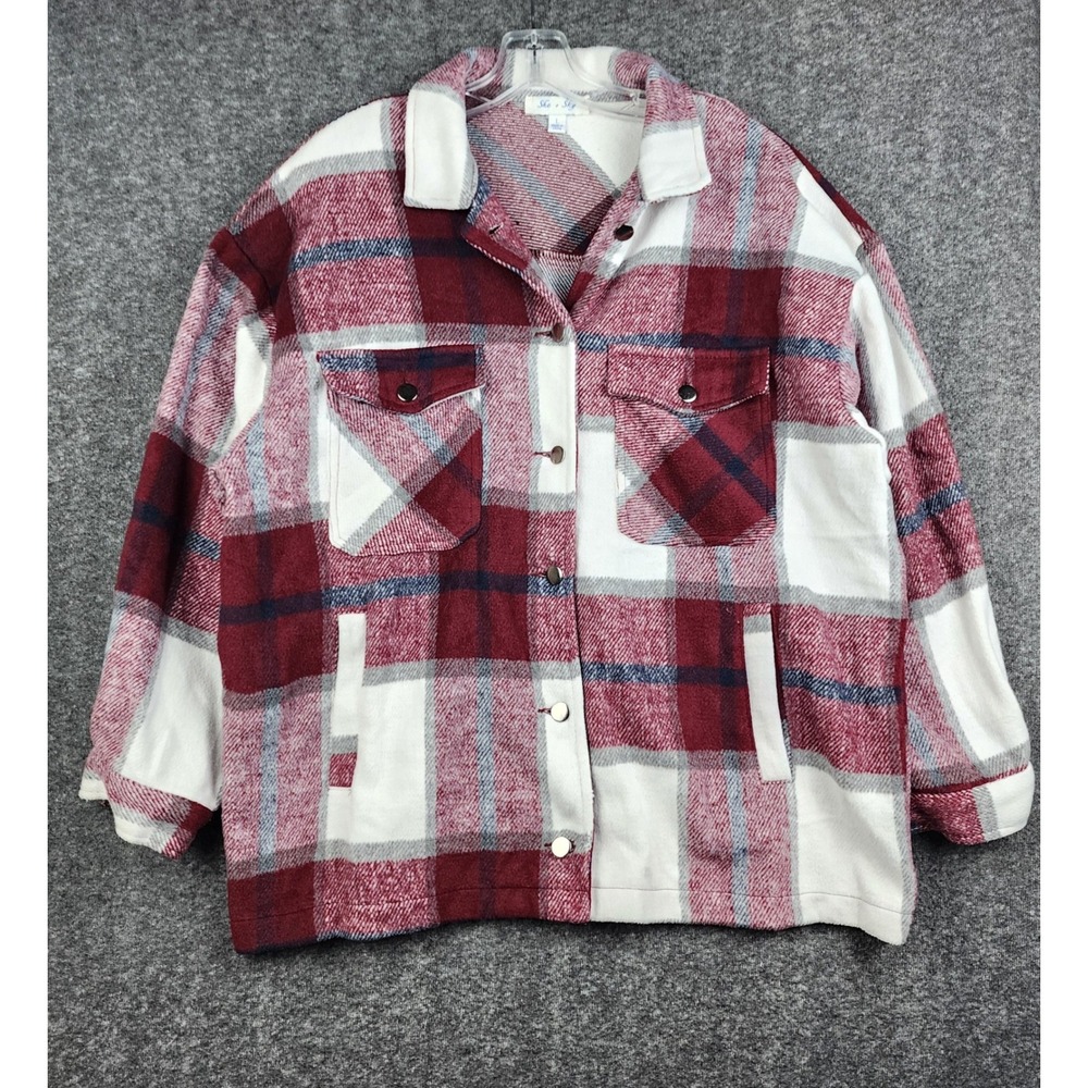 She + Sky Shacket Women Large Burgundy Plaid Oversized Button Front SS4258